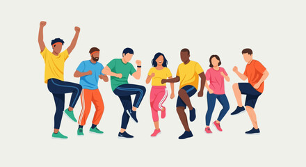 Obraz premium Diverse group of happy, energetic young people dancing together in vibrant activewear, celebrating unity and movement.