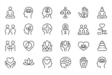 Fototapeta premium Spiritual Wellness Line Art Icons With Lotus, Yin Yang, Heart, And Brain Symbols