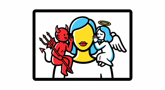 Angel and devil whispering advice to a person, temptation and conscience concept