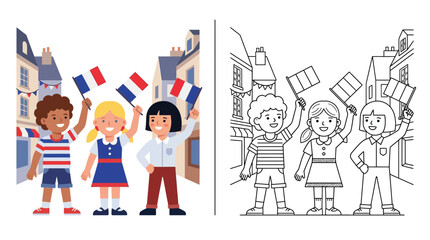 Children waving French flags in a European street, celebrating national holiday, Bastille Day