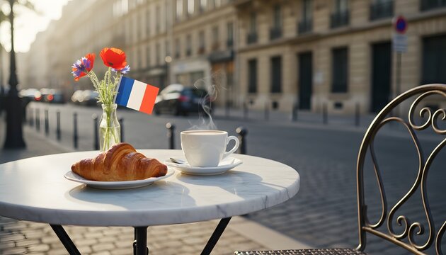 Traditional French breakfast with croissant and coffee on a Paris street cafe table, celebrating French National Day for Bastille Day July 14th concept