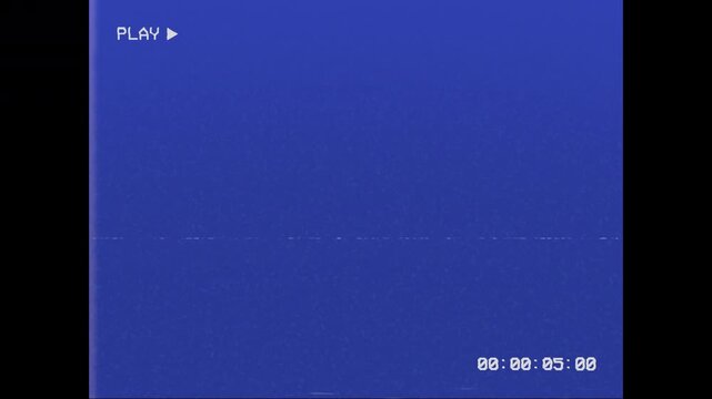 Old VHS Tape Playing with White PLAY Text and Timecode on Blue Screen Overlay. VCR Animation with Defects, Glitches and TV Noise. 4K Retro TV Interface for Chroma Key. 3x4.