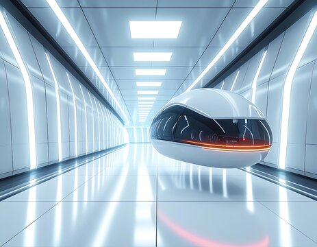 A sleek, futuristic pod speeds through a shiny, white corridor