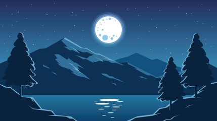 Fototapeta premium Night Mountains With Big Moon And Lake Vector Landscape Illustration