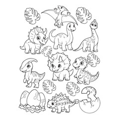 Obraz premium Colorful cartoon dinosaurs and eggs with leaves for kids education