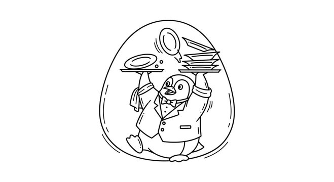 Cartoon penguin waiter carrying dishes