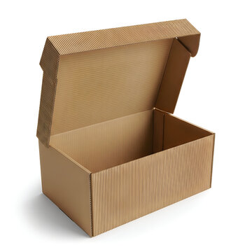 Open cardboard box with lid lifted on white background isolated on white background