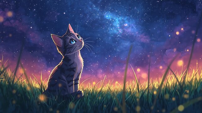 Cute tabby cat sitting in a grassy field looking up at the beautiful starry night sky with a milky way galaxy backdrop, digital art style