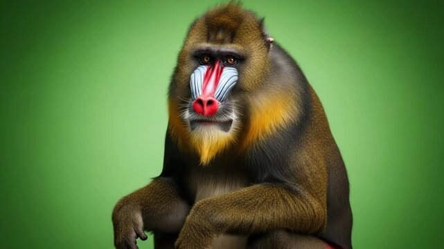 A close portrait of a majestic mandrill against a solid green background
