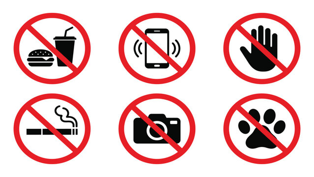 Prohibition signs display universal symbols that restrict common activities in public spaces.