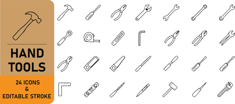 A set of 28 hand tool line icons