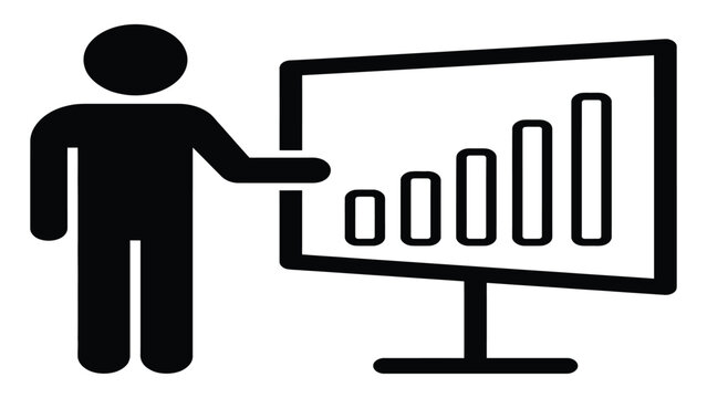 Presenter standing beside a large chart demonstrates business data analysis and performance metrics.