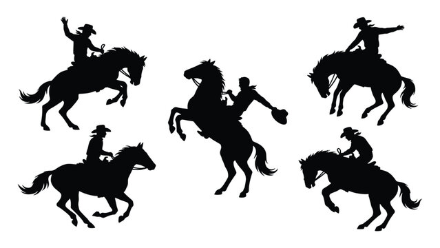 Cowboys are captured in various dynamic rodeo action silhouettes against a plain white background.