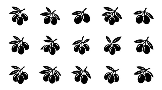 Black silhouettes of olives with leaves.