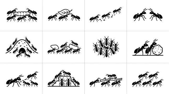 Black and white ants illustrations set.