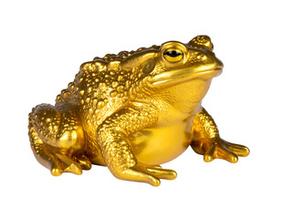 Naklejka premium Golden toad frog figurine with realistic bumpy texture, metallic amphibian animal sculpture, luxury decorative ornament on isolated background