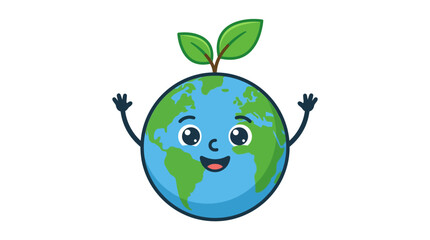 Fototapeta premium Cute happy earth character with arms raised and green leaves on top
