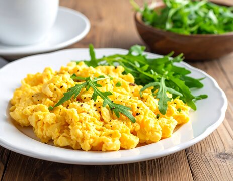A plate of scrambled eggs with greens on a wooden table