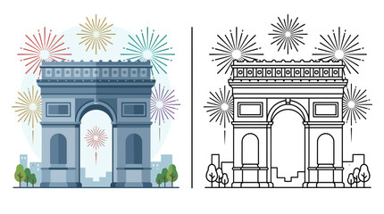 Fototapeta premium Arc de Triomphe Paris with Fireworks Celebration, Vector Illustration
