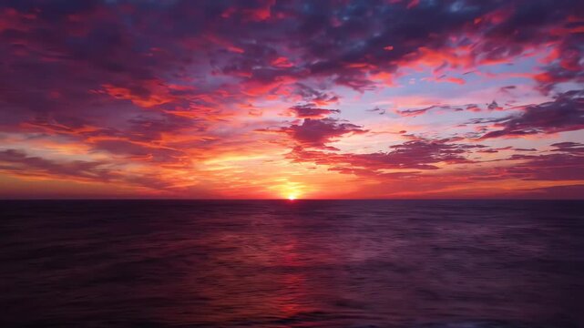 Cinematic timelapse of vibrant orange and pink sunset clouds moving rapidly over a calm and vast deep blue ocean during golden hour