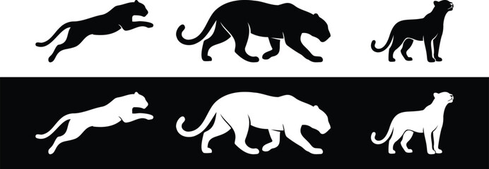Panther Silhouettes in Black and White – Leaping, Walking, Standing Poses for Wild Cat Art & Design © Avlon