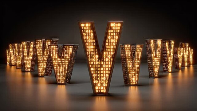 Letter v illuminated in array with glowing lights on dark background