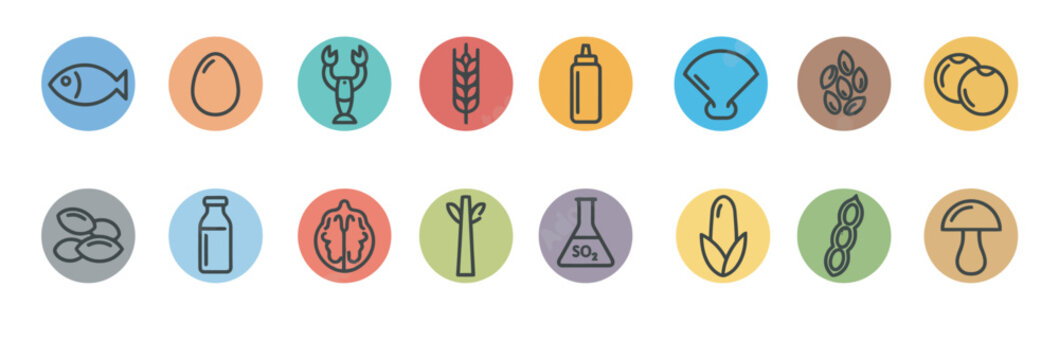 Food allergen icons set representing common dietary ingredients for menus and product labeling