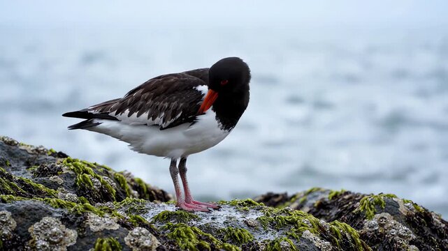Close up cinematic shot of a Eurasian oystercatcher bird standing on coastal rocks with a soft blurred ocean background on a misty day