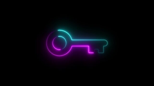 Neon glowing key animation with vibrant cyan and purple gradient light effect on black background sign