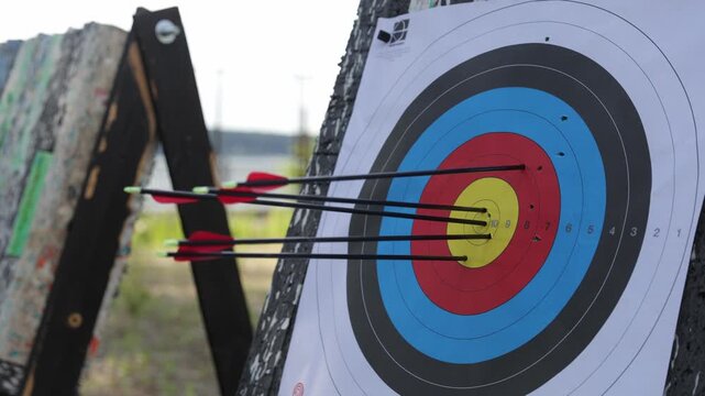 Archery target practice with arrows hitting bullseye