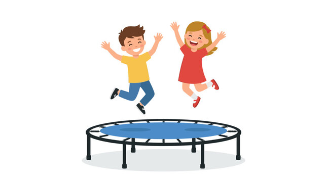 Two happy kids jumping on a blue trampoline with big smiles