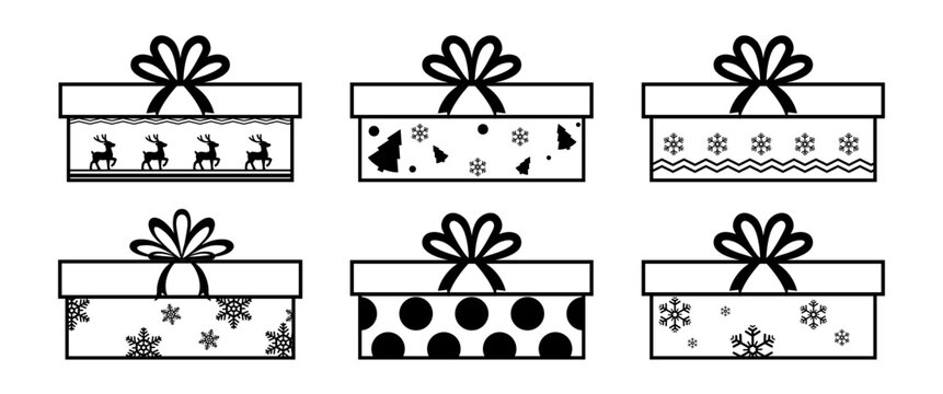 Christmas Gift Box Outline Illustration Set with Holiday Present Templates Minimal Line Art Packaging and Festive Ribbon Designs