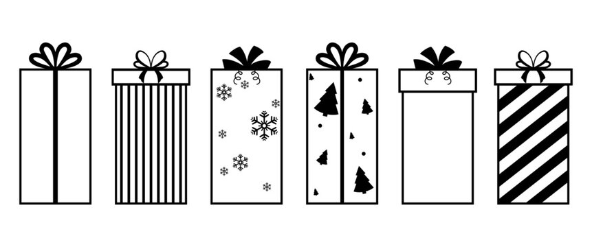 Outline Christmas Gift Box Illustration Set with Minimal Holiday Present Icons, Festive Packaging Templates and Ribbon Bow Designs