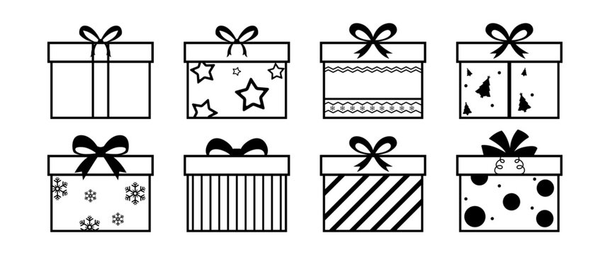 Outline Gift Box Sticker Illustration Collection with Minimal Present Box Icons, Holiday Packaging Designs and Ribbon Bow Decorations