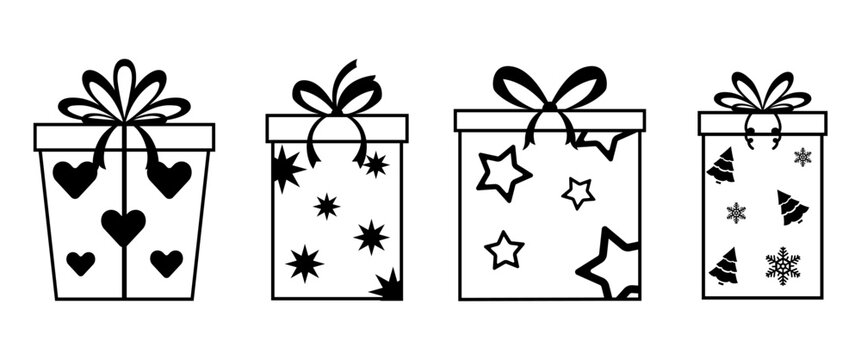 Outline Present Illustration Design Set with Minimal Gift Box Icons, Ribbon Bow Packaging and Decorative Holiday Wrapping Collection