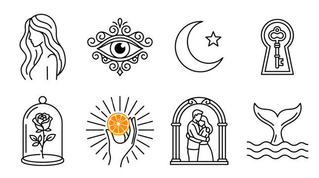 Line art symbols of woman face eye moon love rose sun wedding dove
