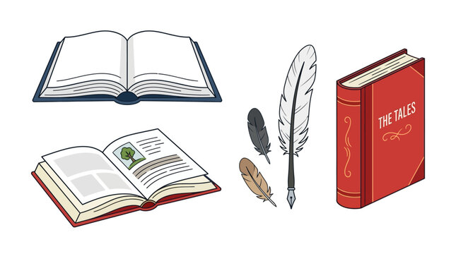Open book with quill pen and ink for writing stories and fairy tales