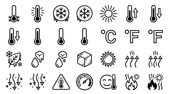 Temperature and climate weather icon set featuring thermometers and heat symbols temperature thermometer meteorology graphics forecast