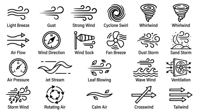 Collection of wind and air movement weather icons in linear black style with meteorology movement direction graphics forecast whirlwind