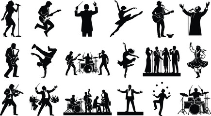 Set of performing arts silhouettes featuring musicians, dancers, singers, and entertainers for entertainment and event design, image_31f947.png. © MdSaiful
