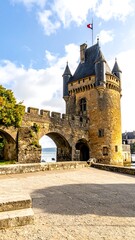 Fototapeta premium Historic stone castle with towering spires and courtyard.