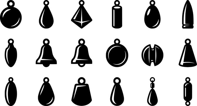 Fishing Sinkers and Weight Icons Set Isolated on White Background with Drop Bell Pyramid Bullet and Lead Tackle Shapes