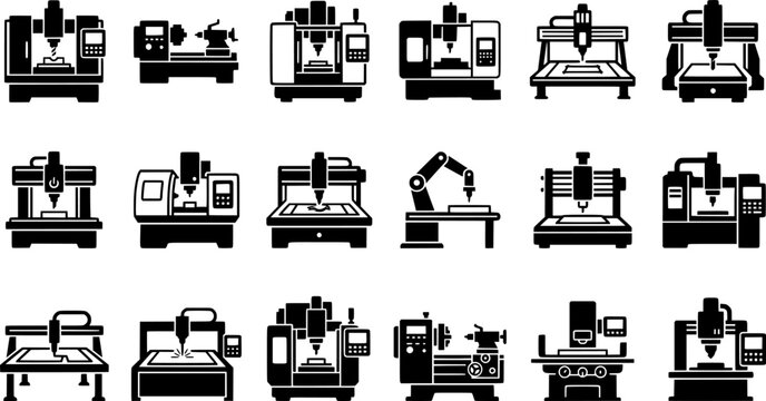 Industrial CNC Machine and Manufacturing Equipment Icon Set Collection Isolated on White Background for Automation Engineering and Factory Technology