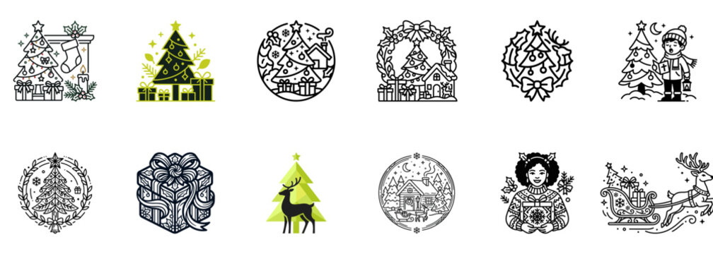 Christmas Icons Collection: Festive Line Art, Gifts, Trees, Reindeer & Winter Scenes
