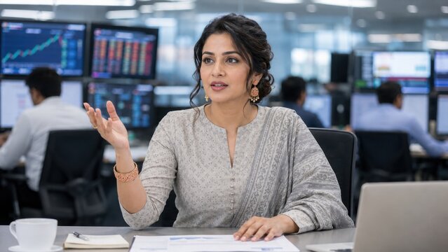 Confident Indian businesswoman discussing strategy with team in front of multiple stock market display screens.