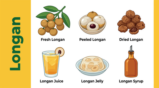 Fresh and dried Longan fruits with various products on a table