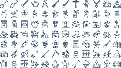Gardening agriculture farming tools plants flowers and organic greenhouse line vector icon set © Tofijun