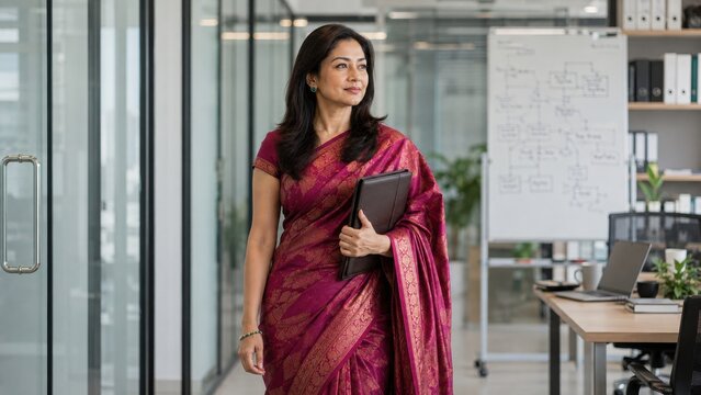 Elegant indian woman in pink silk saree walking through modern office interior carrying a professional leather folder.