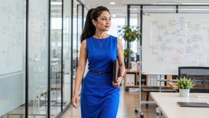 Naklejka premium Young elegant business professional walking through modern bright office hallway wearing blue dress and holding folder.