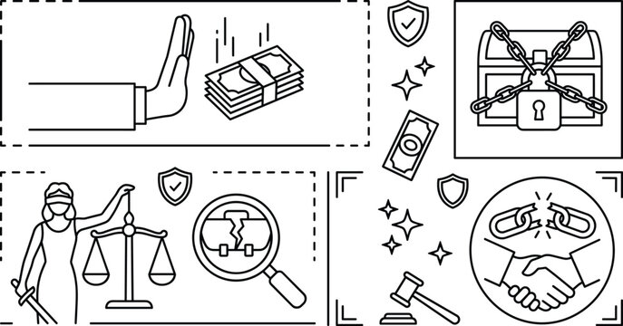 Anti corruption bribery prevention law and justice legal compliance concept icons set line art vector background